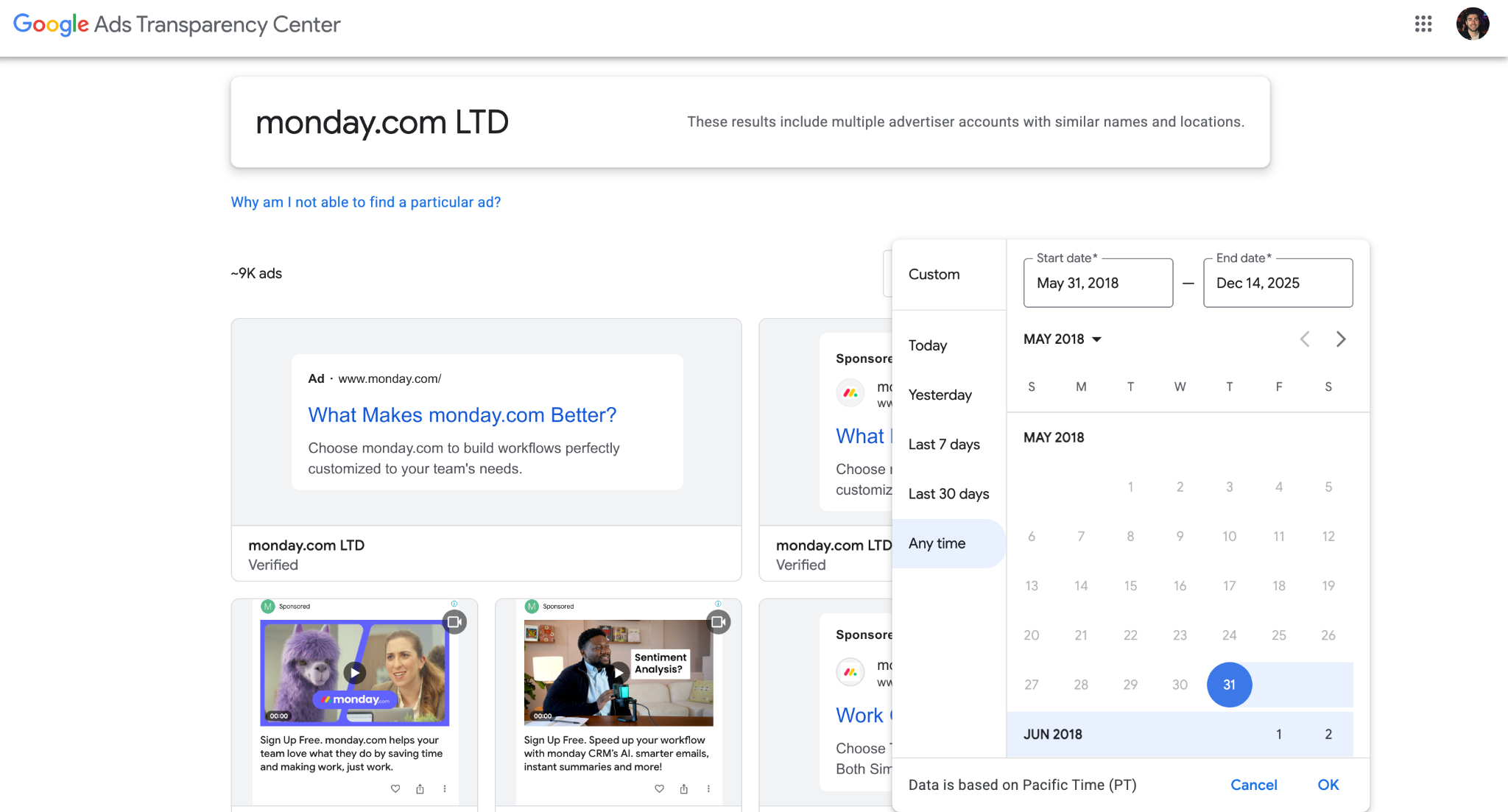 Custom date range picker with very old start dates, showing how deep users have to dig to infer timing