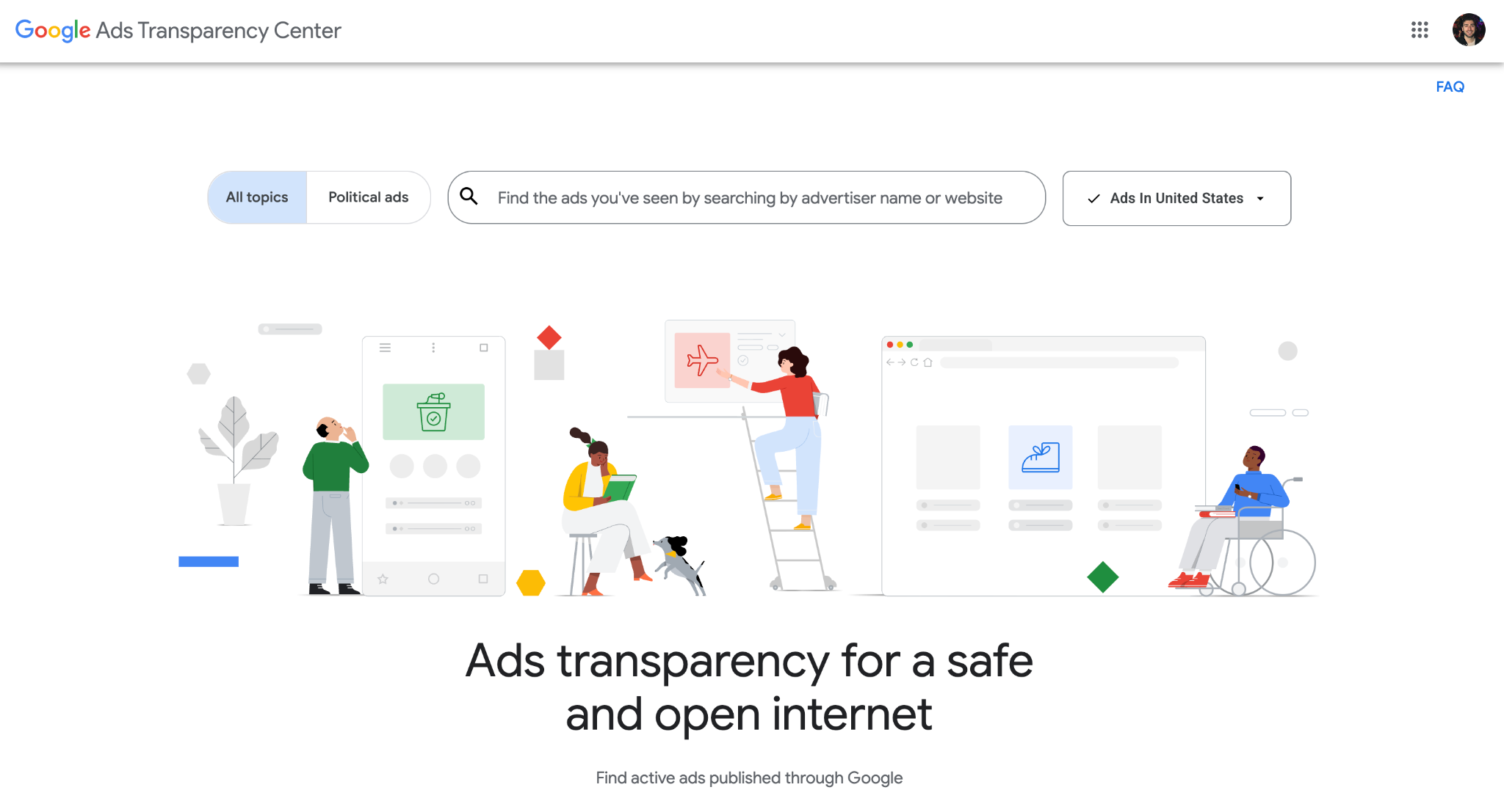Google Ads Transparency Center homepage showing the main search bar and country selector