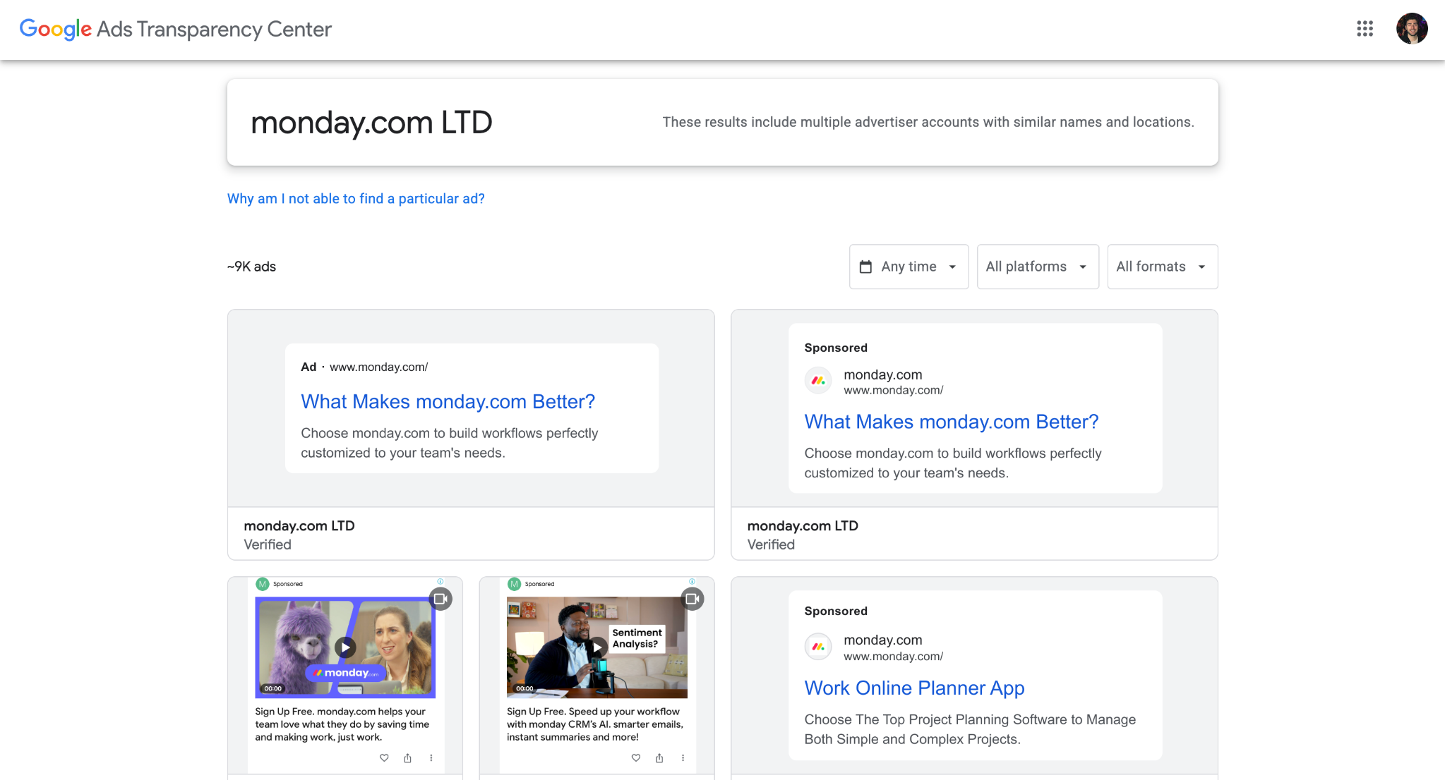 Google Ads Transparency Center results grid showing a mix of text and video ads