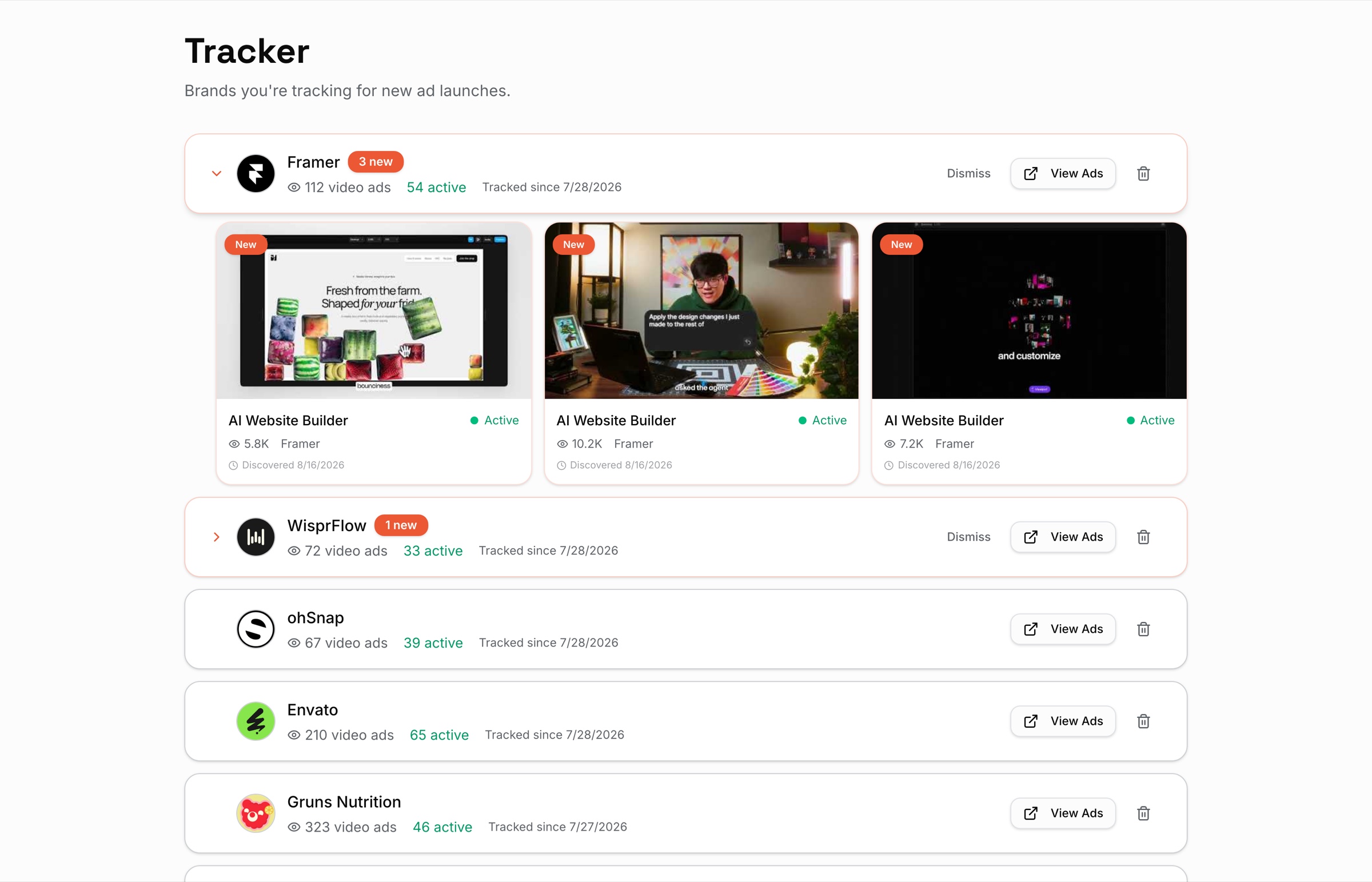 The Pathfinder Tracker following Framer, WisprFlow, ohSnap, Envato, and Gruns Nutrition, with a 3 new alert on Framer expanded to show the three ads it just launched